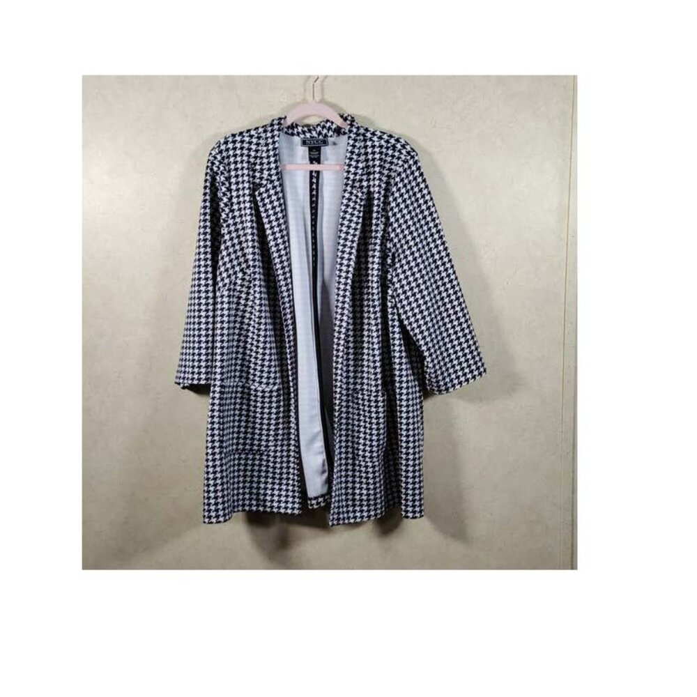 10100 NYCC black & white herringbone plaid knit open front jacket 2X